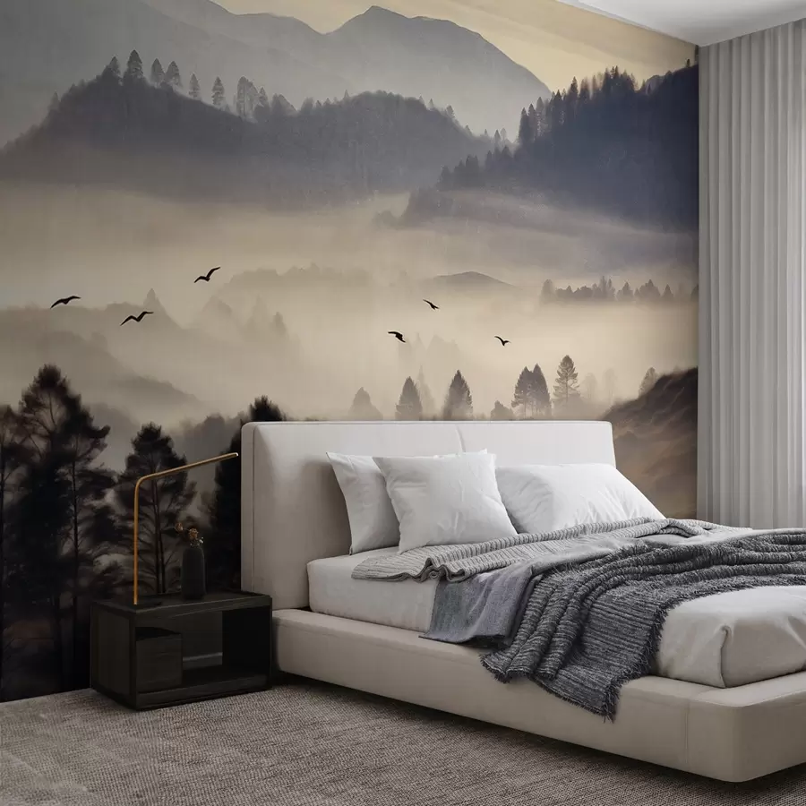 murais de parede Paisagem montanhosa texturizada com camadas de neblina, árvores em silhueta no primeiro plano, cadeia de montanhas distante, iluminação suave w09338