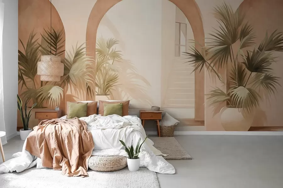 murais de parede Arcos texturizados com vasos de plantas, paleta de cores bege claro, design minimalista, escada ao fundo w09339