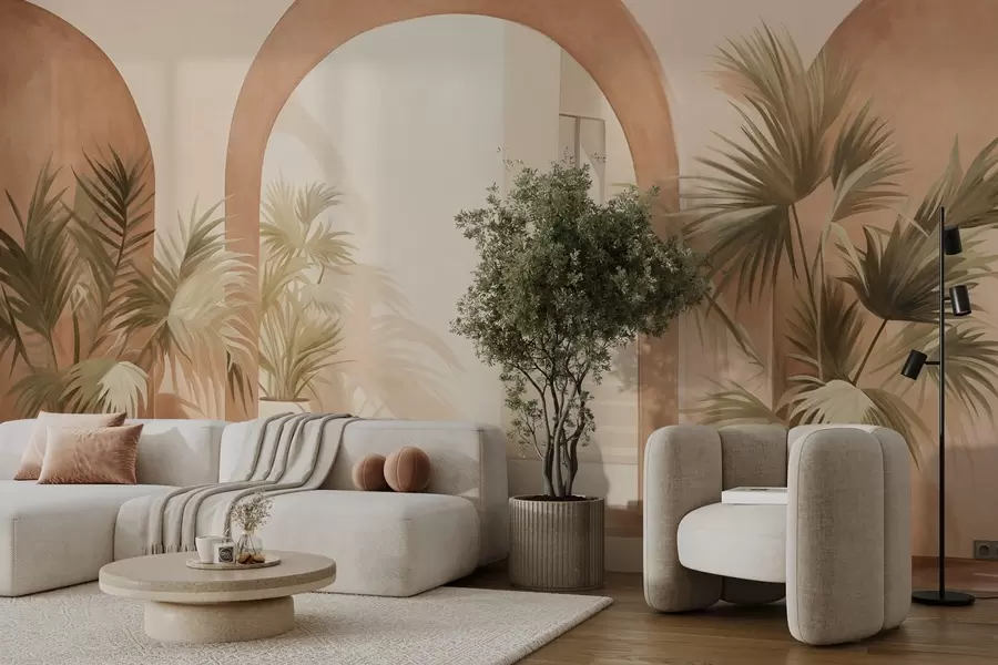 murais de parede Arcos texturizados com vasos de plantas, paleta de cores bege claro, design minimalista, escada ao fundo w09339