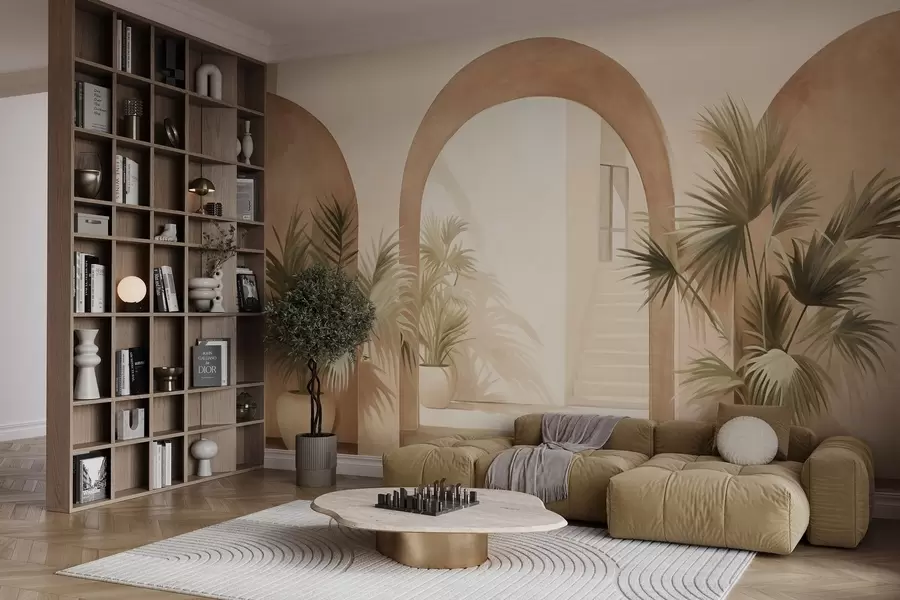 murais de parede Arcos texturizados com vasos de plantas, paleta de cores bege claro, design minimalista, escada ao fundo w09339