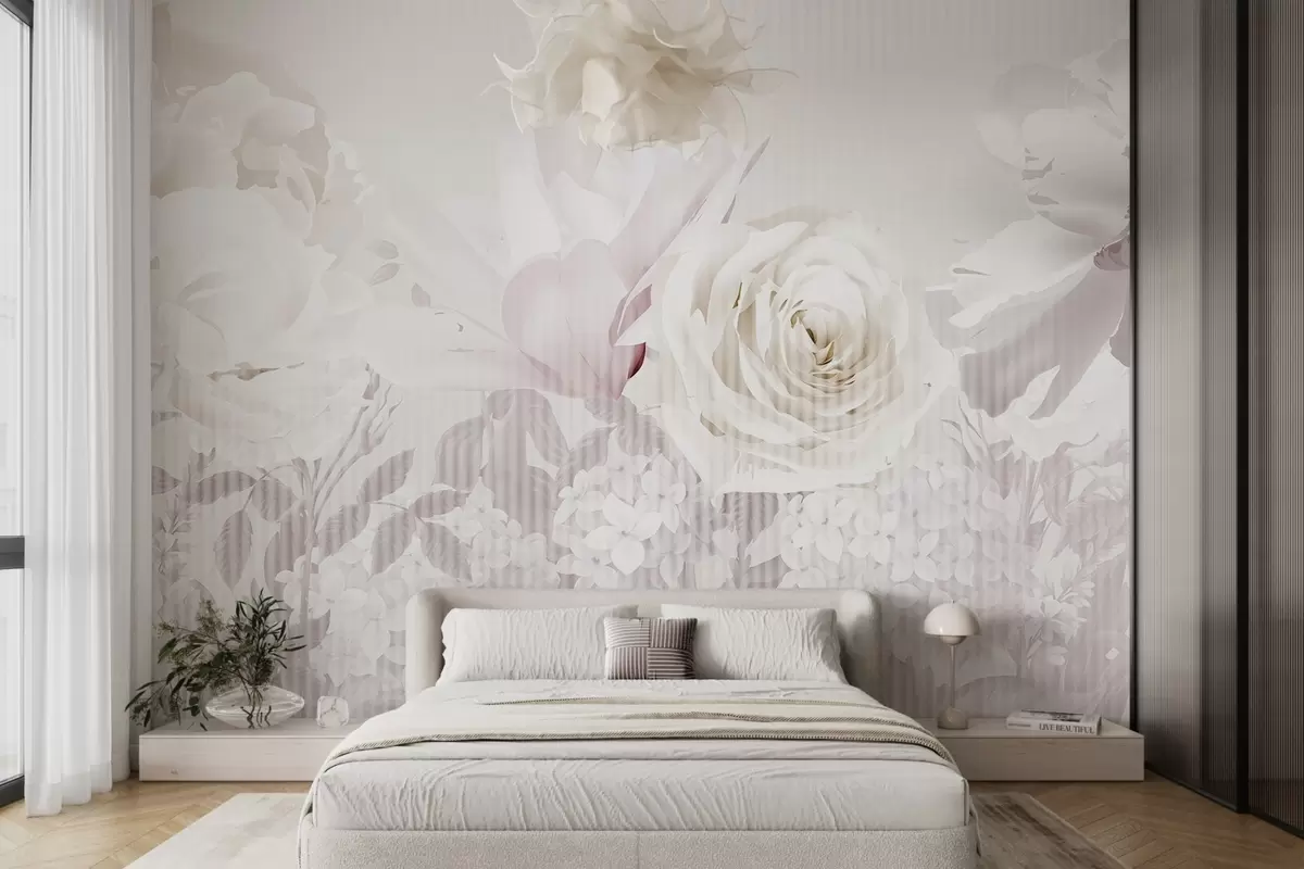 murais de parede Arranjo floral com rosas, hortênsias e tulipas em tons pastéis suaves de branco, rosa e bege, com textura listrada w09340