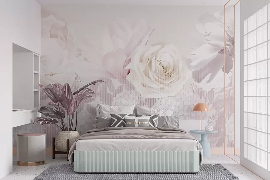 murais de parede Arranjo floral com rosas, hortênsias e tulipas em tons pastéis suaves de branco, rosa e bege, com textura listrada w09340