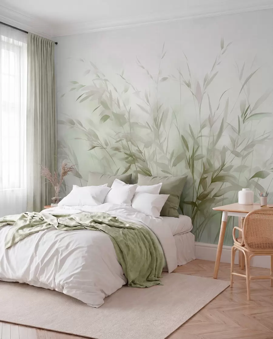 murais de parede Grama e ervas daninhas com folhas e caules finos, cores verde-claro e marrom, pinceladas suaves e delicadas, impressão minimalista w09342