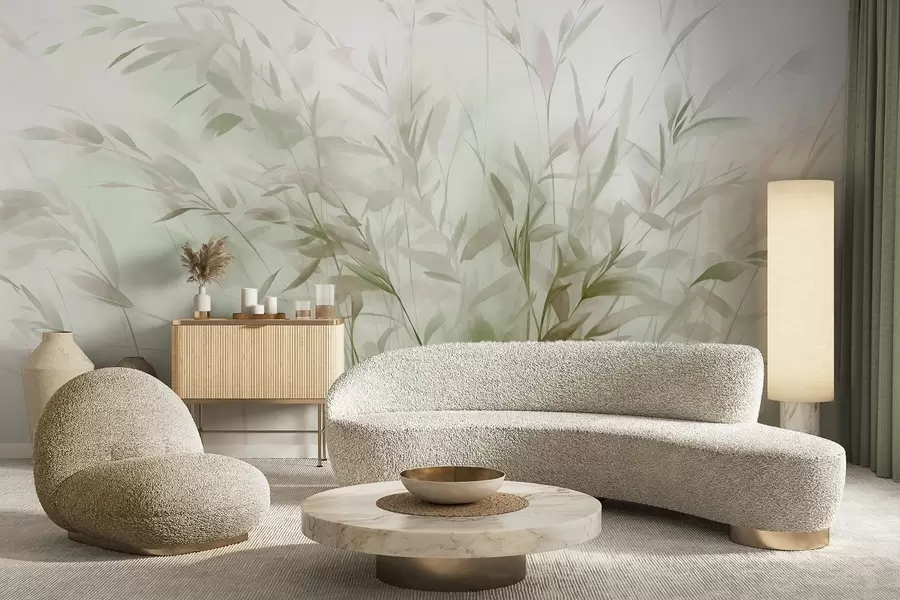 murais de parede Grama e ervas daninhas com folhas e caules finos, cores verde-claro e marrom, pinceladas suaves e delicadas, impressão minimalista w09342