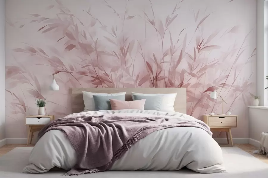 murais de parede Grama e ervas daninhas com folhas e caules finos, cores rosa claro, pinceladas suaves e delicadas, impressão minimalista w09342v2
