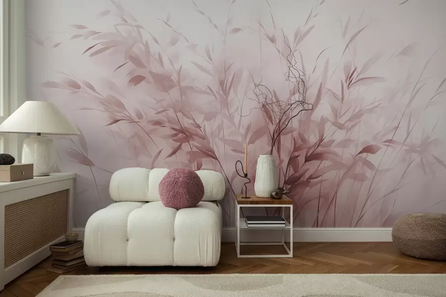 murais de parede Grama e ervas daninhas com folhas e caules finos, cores rosa claro, pinceladas suaves e delicadas, impressão minimalista w09342v2