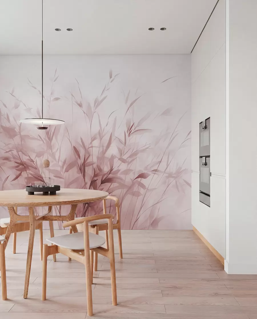 murais de parede Grama e ervas daninhas com folhas e caules finos, cores rosa claro, pinceladas suaves e delicadas, impressão minimalista w09342v2