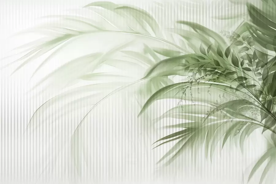 murais de parede Folhas verdes de palmeiras tropicais com um fundo branco listrado, iluminação suave, pinceladas delicadas, formas orgânicas w09343