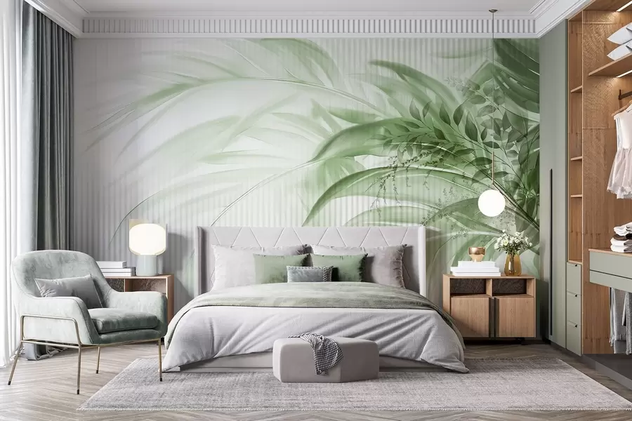 murais de parede Folhas verdes de palmeiras tropicais com um fundo branco listrado, iluminação suave, pinceladas delicadas, formas orgânicas w09343