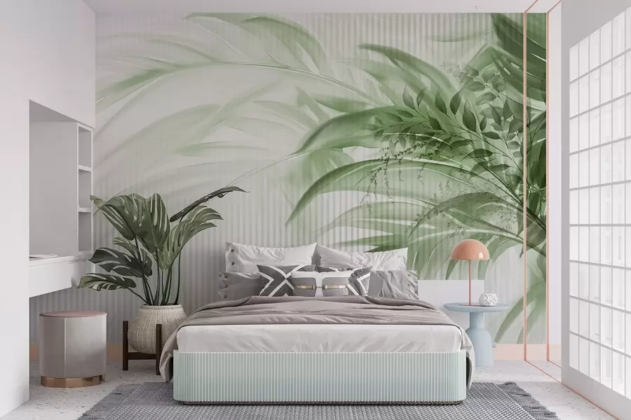 murais de parede Folhas verdes de palmeiras tropicais com um fundo branco listrado, iluminação suave, pinceladas delicadas, formas orgânicas w09343