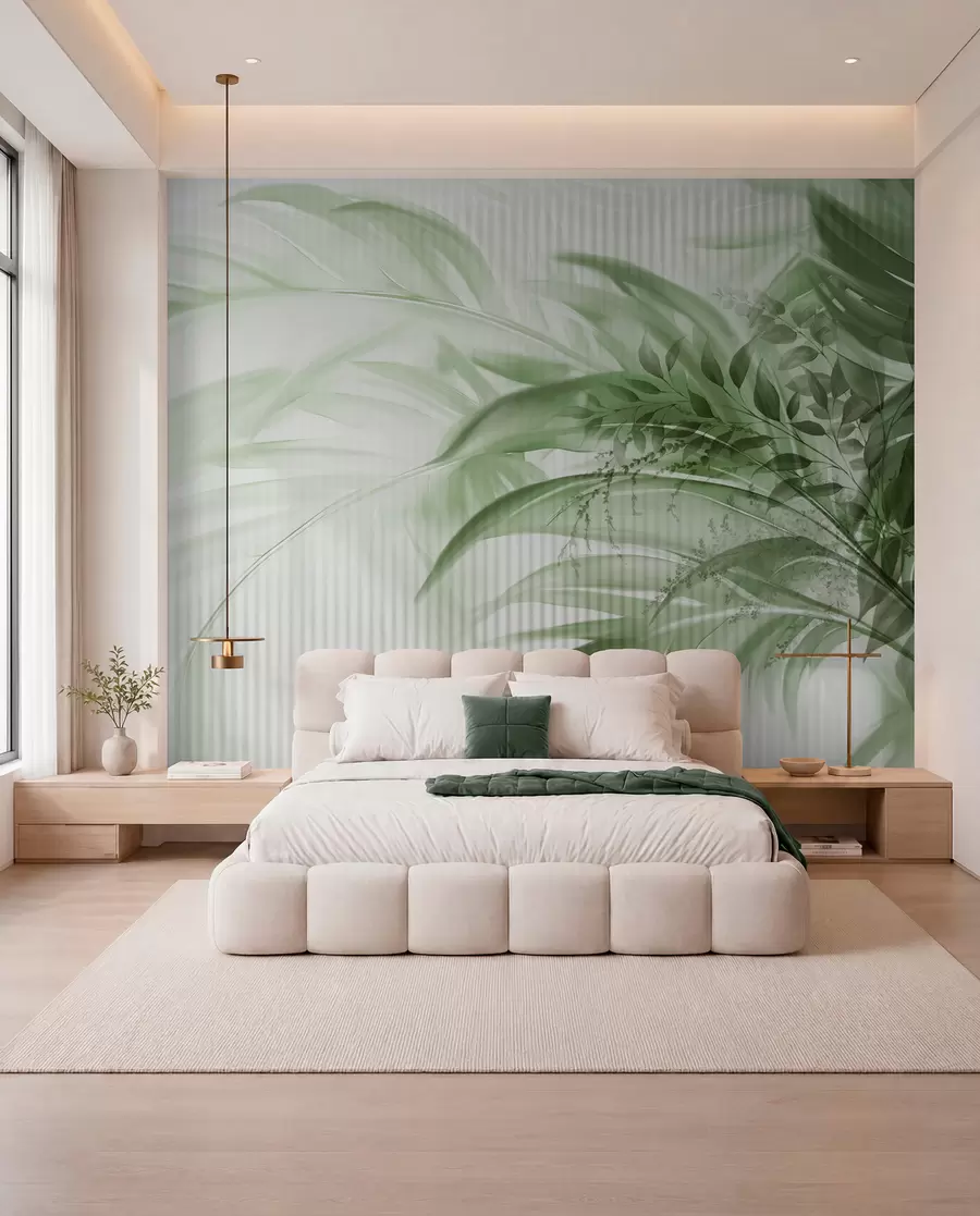 murais de parede Folhas verdes de palmeiras tropicais com um fundo branco listrado, iluminação suave, pinceladas delicadas, formas orgânicas w09343