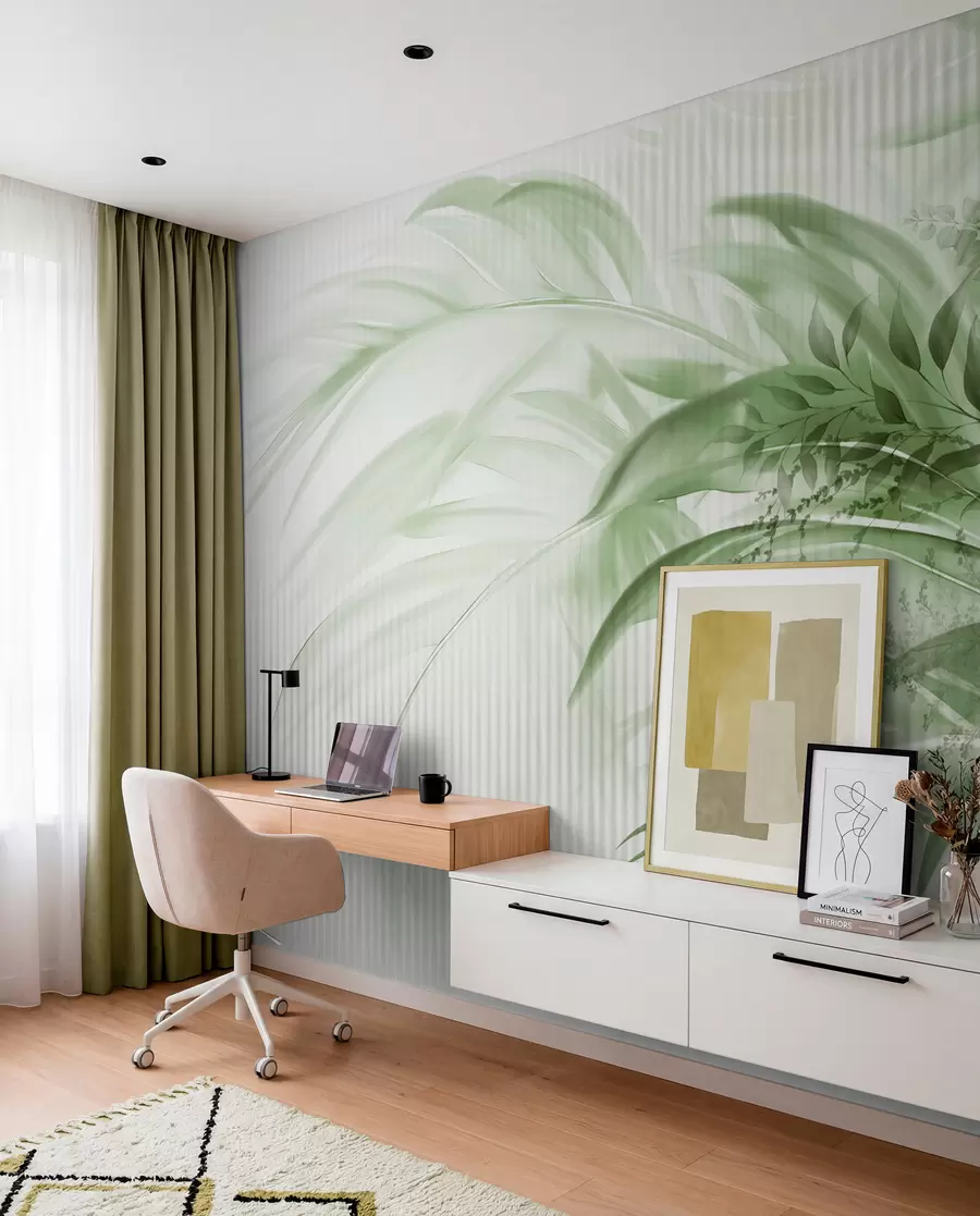 murais de parede Folhas verdes de palmeiras tropicais com um fundo branco listrado, iluminação suave, pinceladas delicadas, formas orgânicas w09343