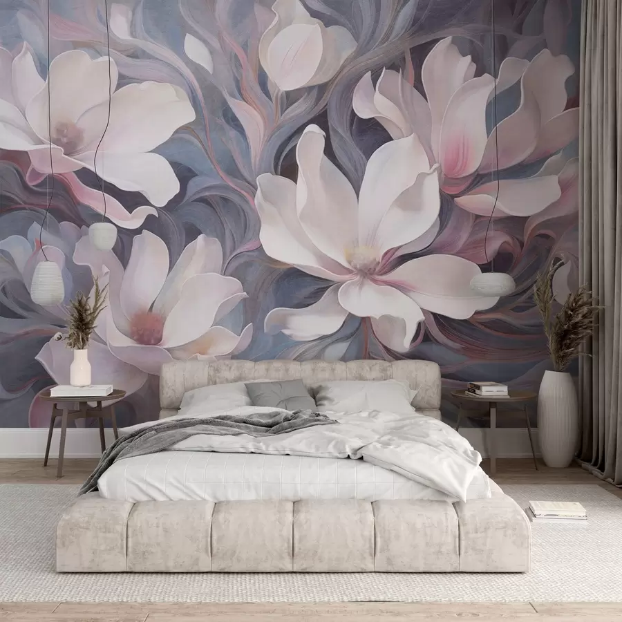 murais de parede Pintura texturizada de flores de magnólia brancas com detalhes em rosa, em um fundo de tons de azul e cinza suaves w09344