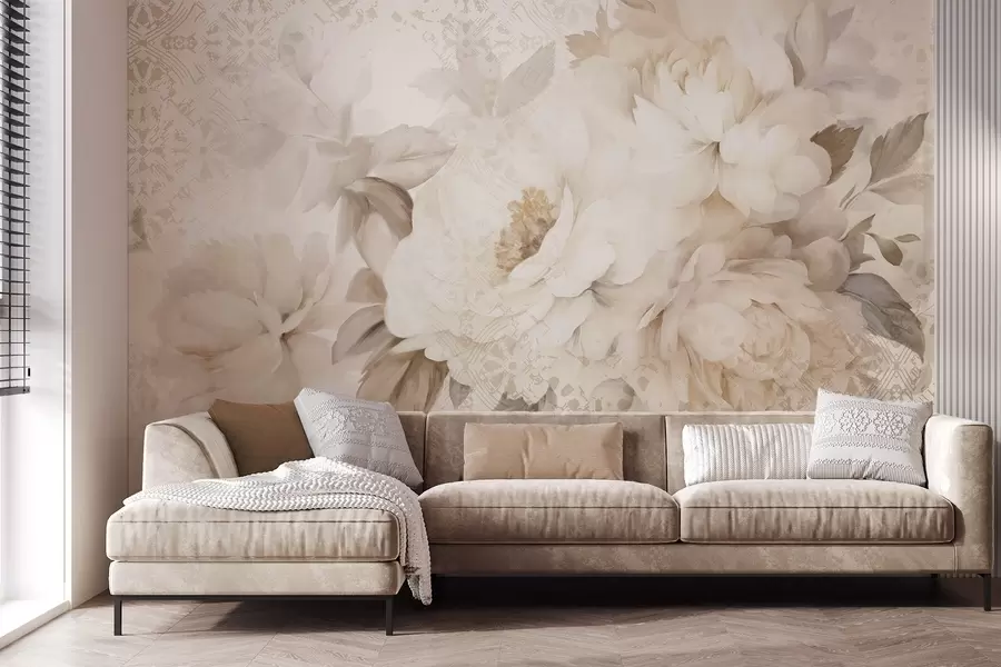 murais de parede Um arranjo floral de peônias brancas com folhas bege, sobre um fundo decorativo com uma textura vintage w09345