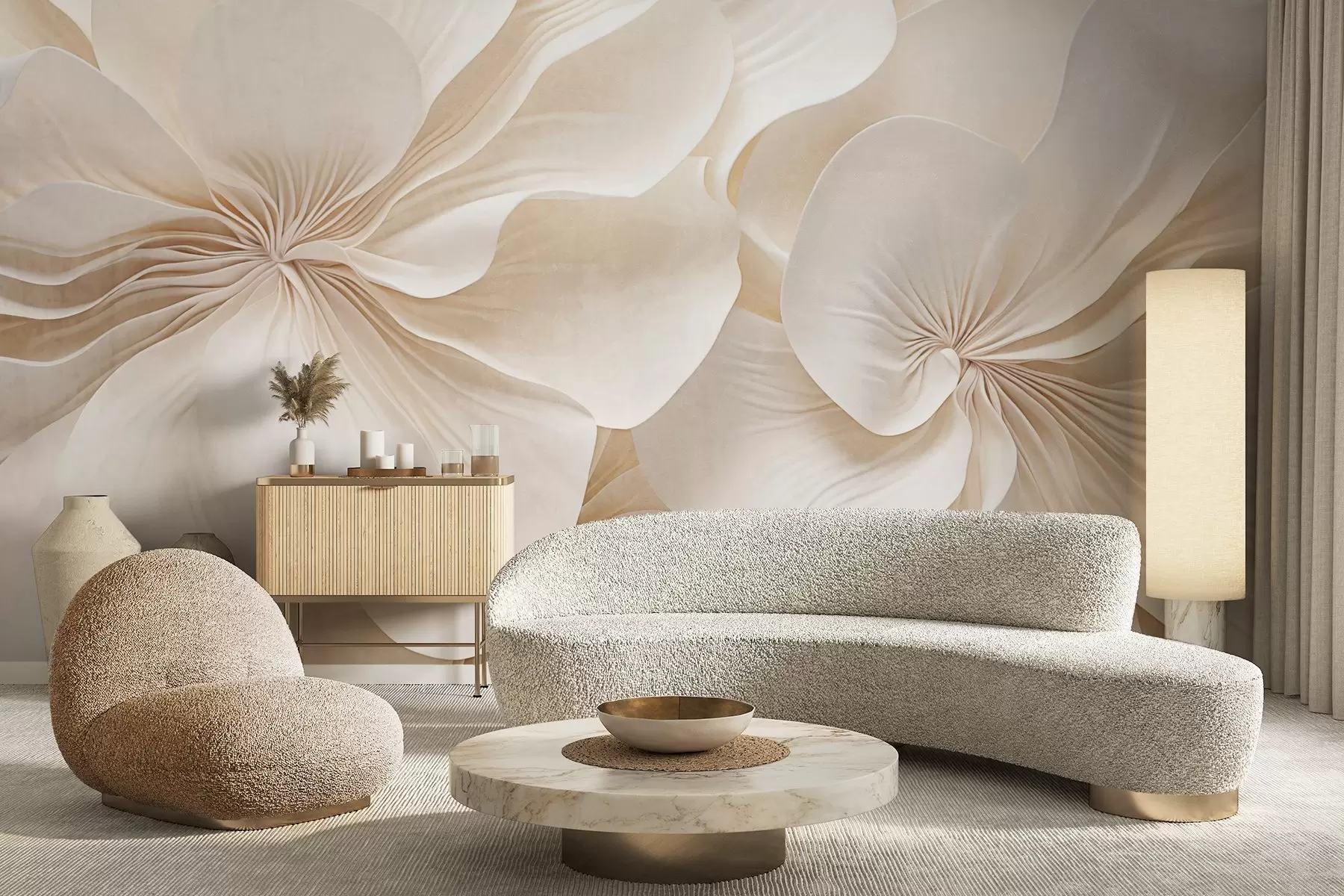 murais de parede Close-up de flores de textura cremosa com pétalas delicadas e fluidas, criando um arranjo floral suave, elegante e texturizado w09346