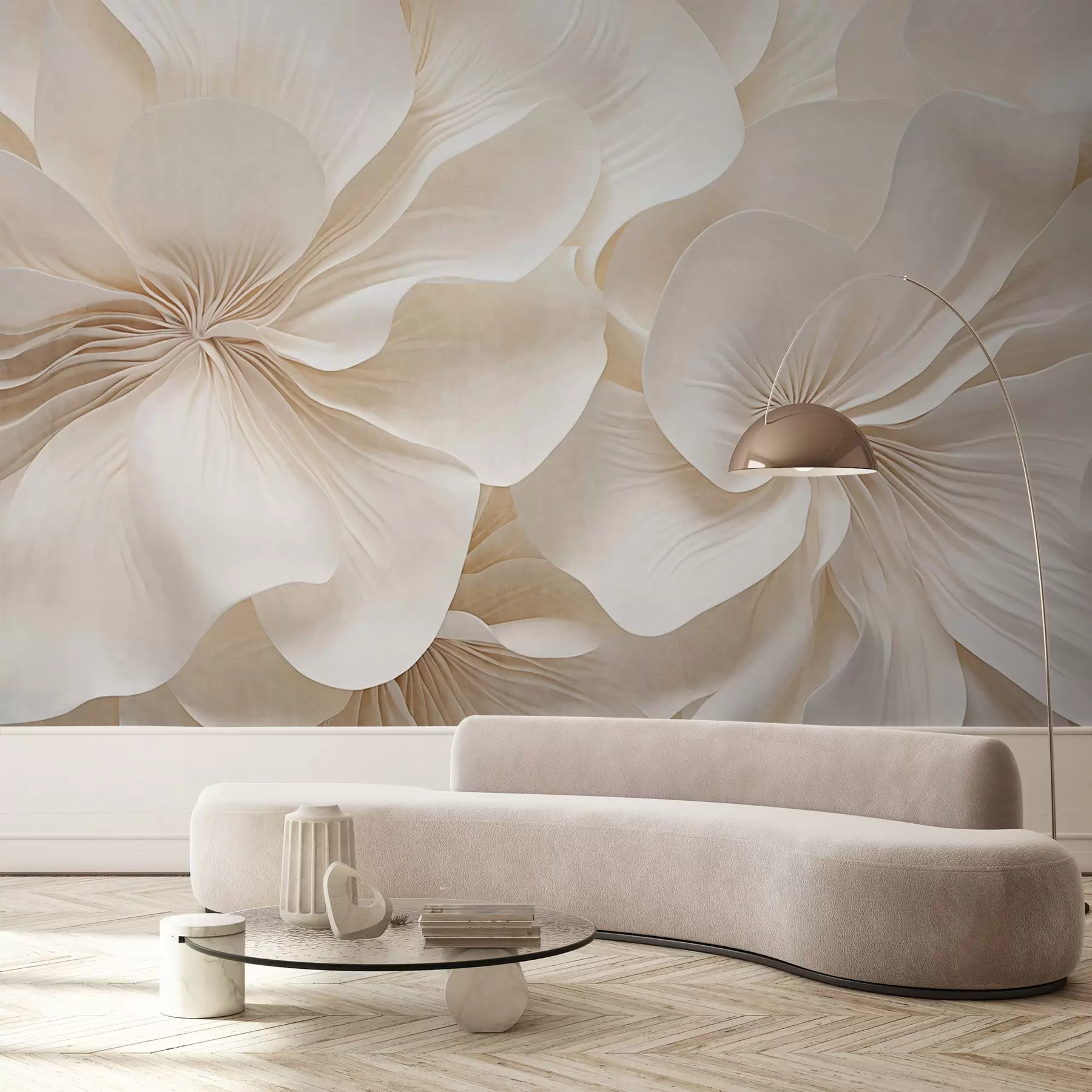 murais de parede Close-up de flores de textura cremosa com pétalas delicadas e fluidas, criando um arranjo floral suave, elegante e texturizado w09346