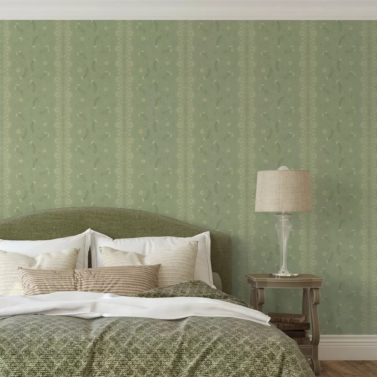 Papel de parede Fundo verde com margaridas e borda de renda a00291