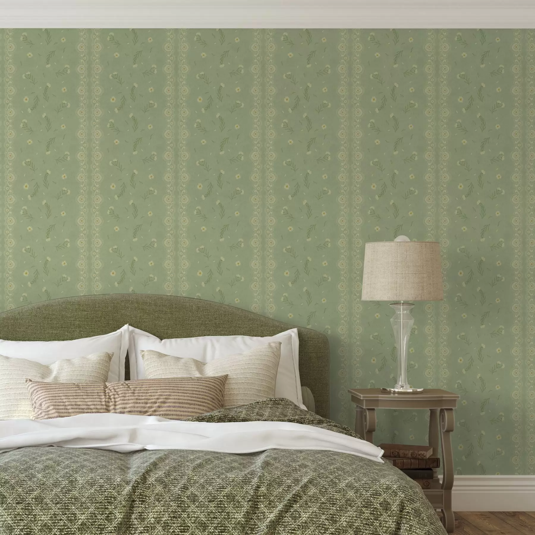 murais de parede Fundo verde com margaridas e borda de renda a00291