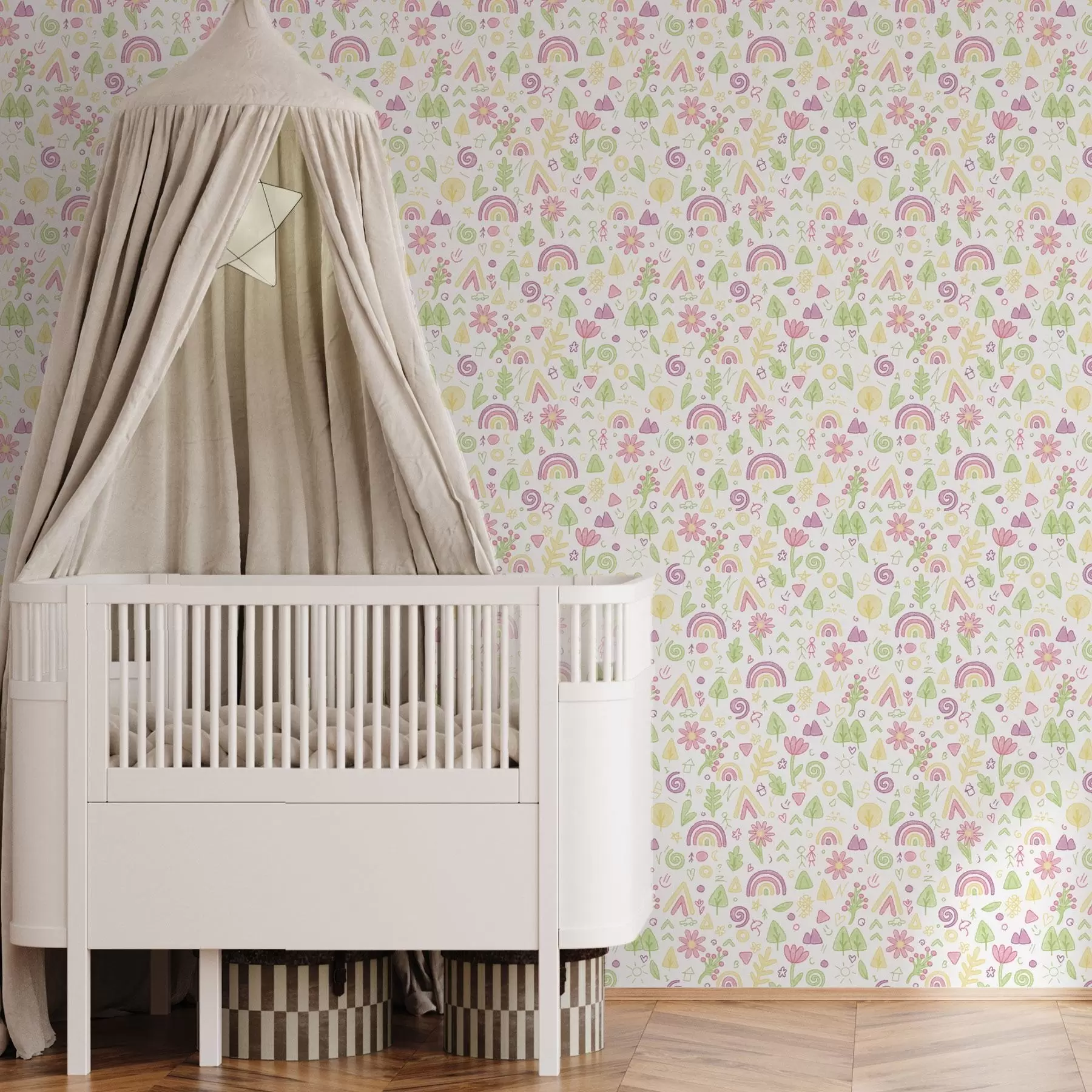 murais de parede Desenho infantil com arco-íris, flores e árvores a00296