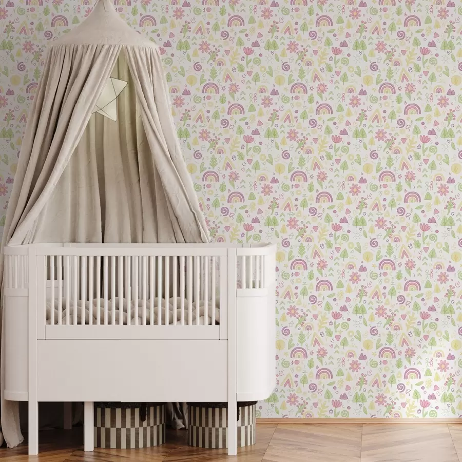 murais de parede Desenho infantil com arco-íris, flores e árvores a00296