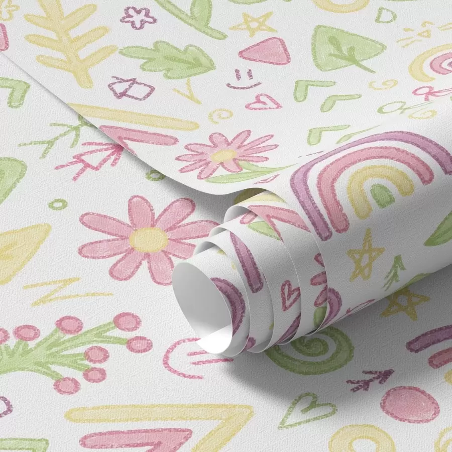 murais de parede Desenho infantil com arco-íris, flores e árvores a00296