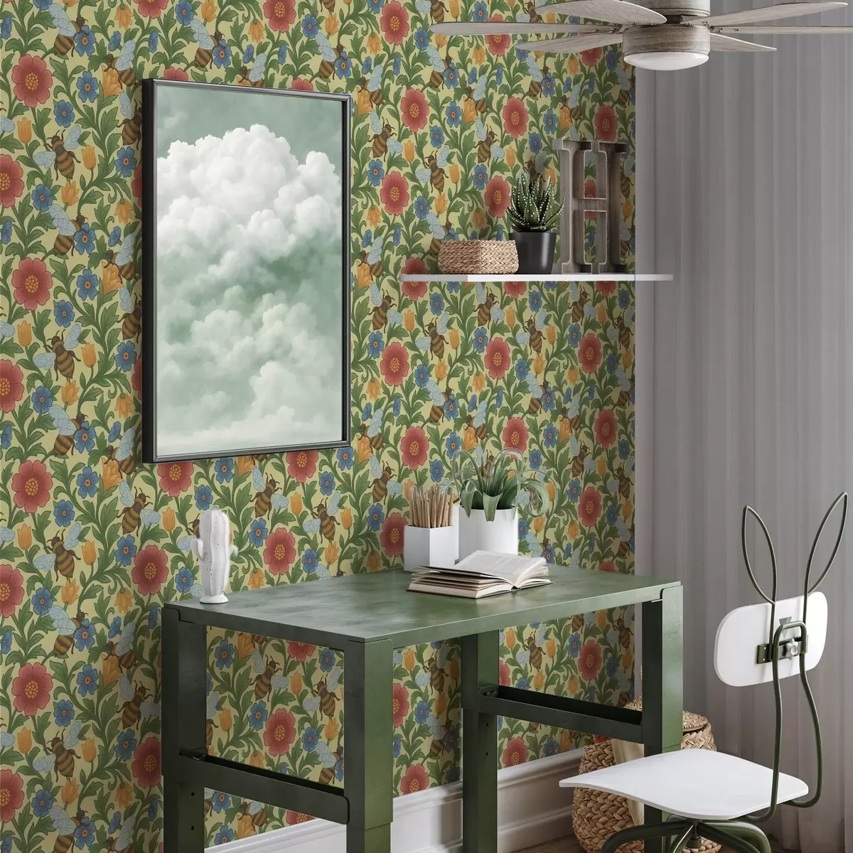 Papel de parede Flores brilhantes com abelhas grandes a00315