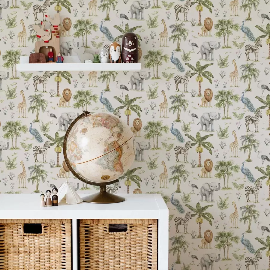 murais de parede Animais africanos entre palmeiras e plantas exóticas a00321