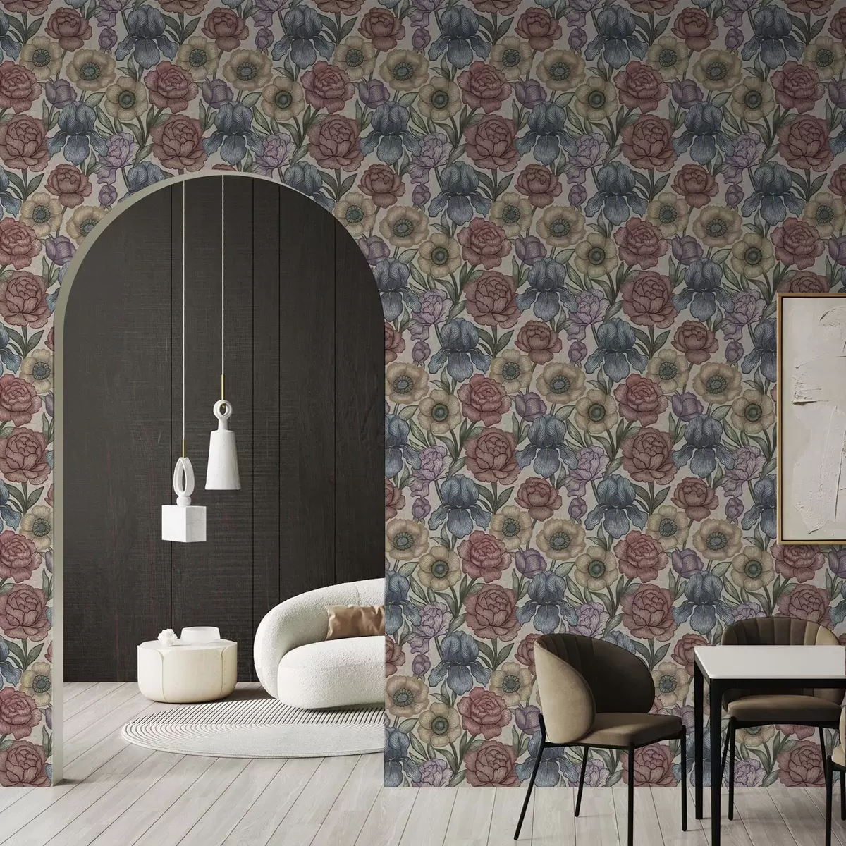 Papel de parede Grandes ilustrações florais com íris e peônias a00325