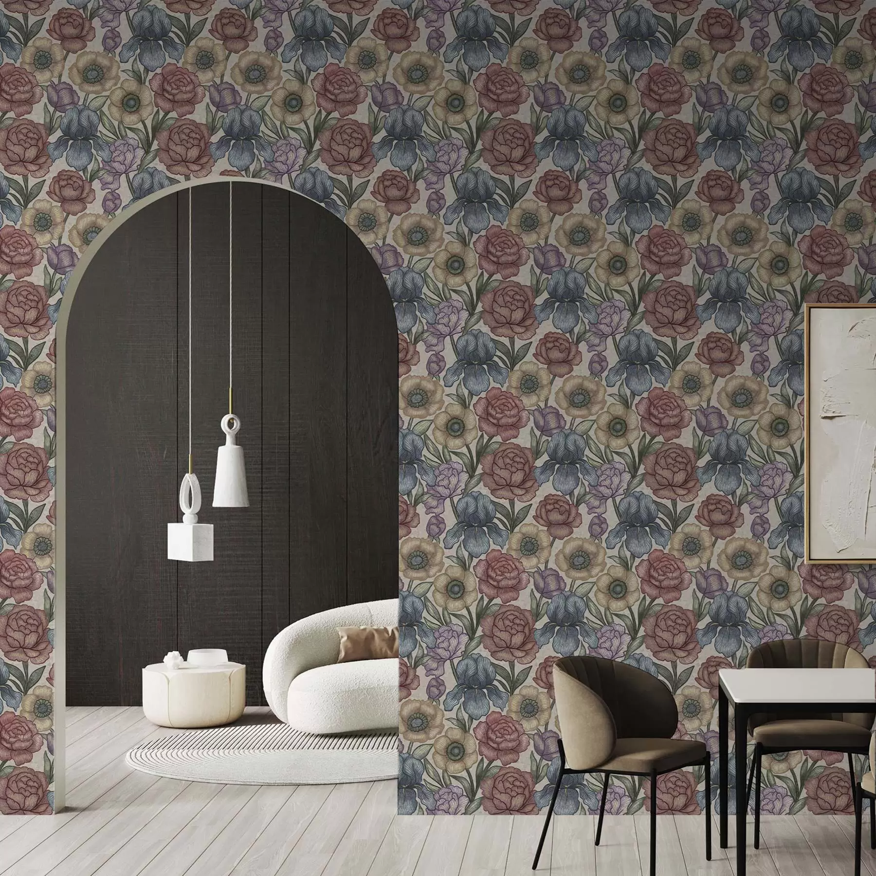 murais de parede Grandes ilustrações florais com íris e peônias a00325