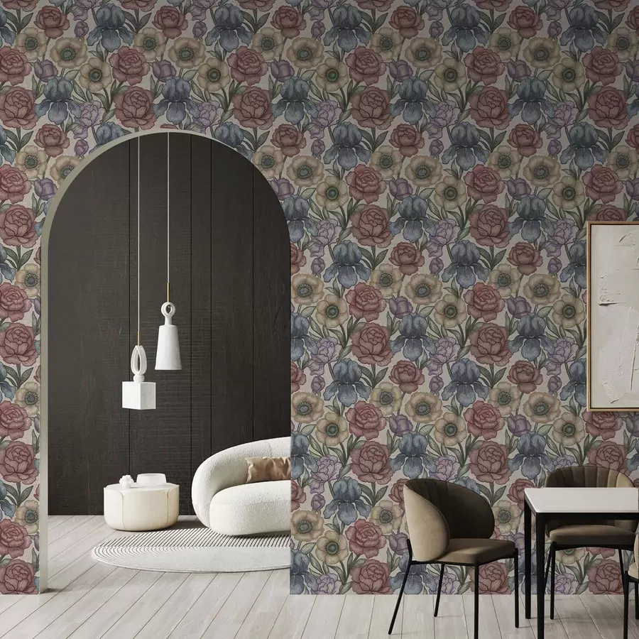 murais de parede Grandes ilustrações florais com íris e peônias a00325