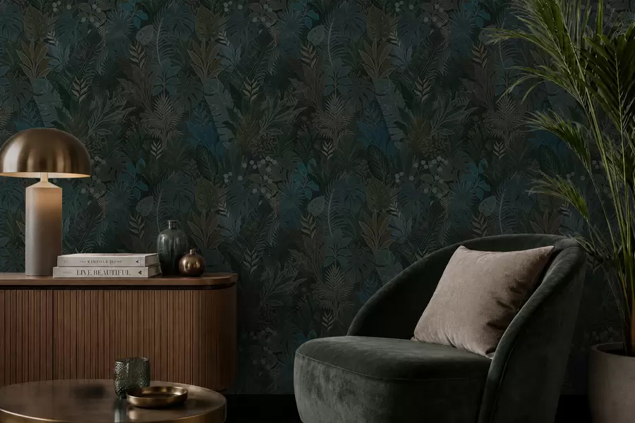murais de parede Folhagem tropical verde-escura com detalhes em azul a00327