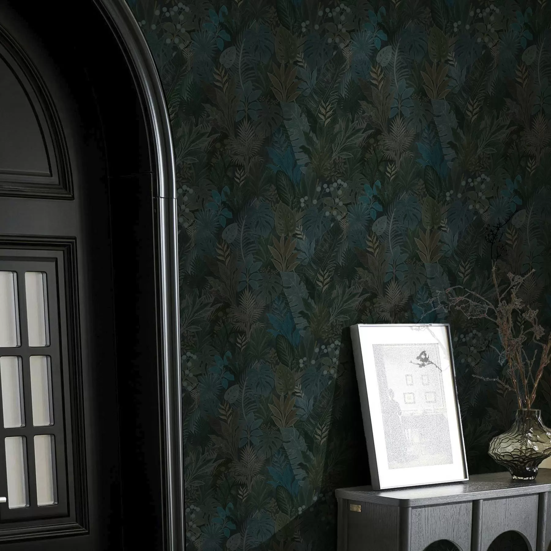 murais de parede Folhagem tropical verde-escura com detalhes em azul a00327