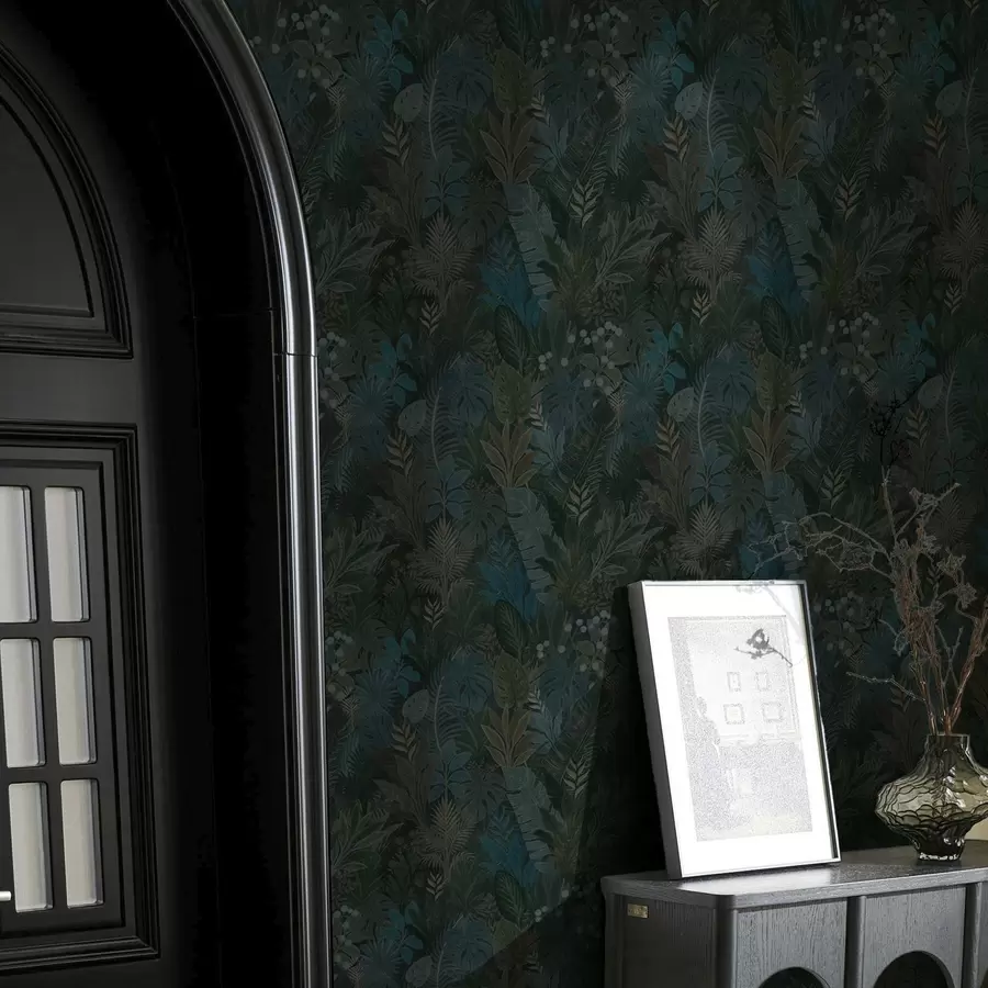 murais de parede Folhagem tropical verde-escura com detalhes em azul a00327