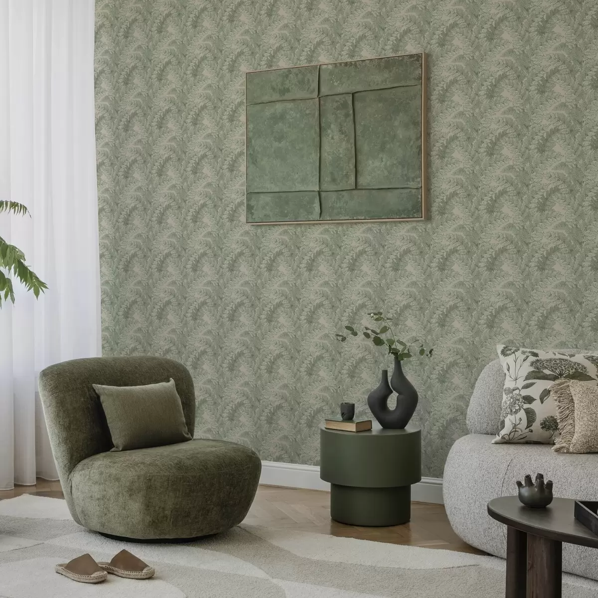 Papel de parede Padrão verde com folhas de samambaia a00345