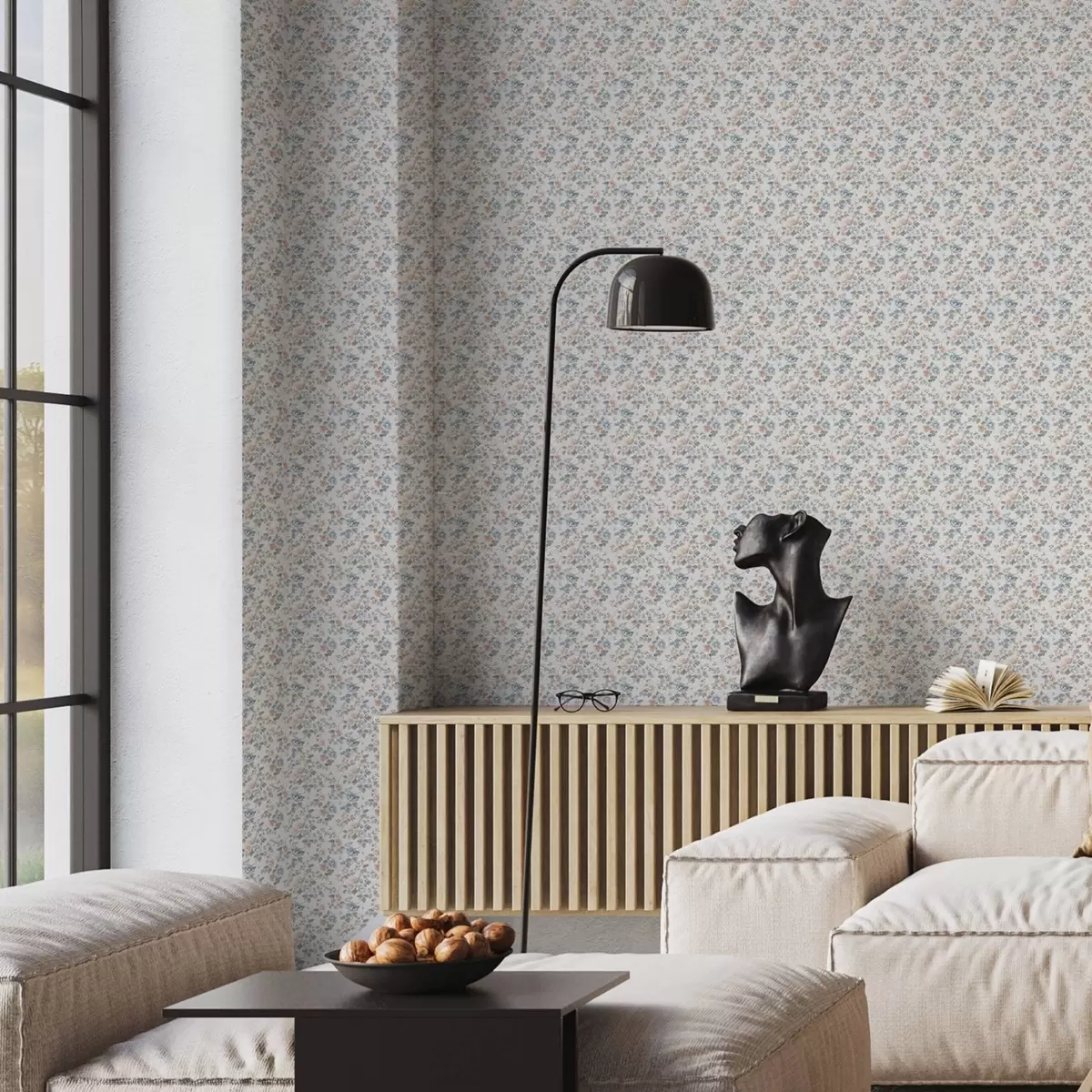 Papel de parede Ornamento floral pequeno em tons de azul e coral a00347