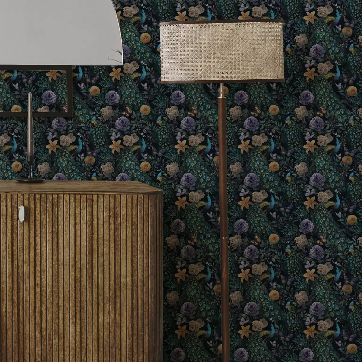 Papel de parede Pavões entre flores escuras e borboletas a00348