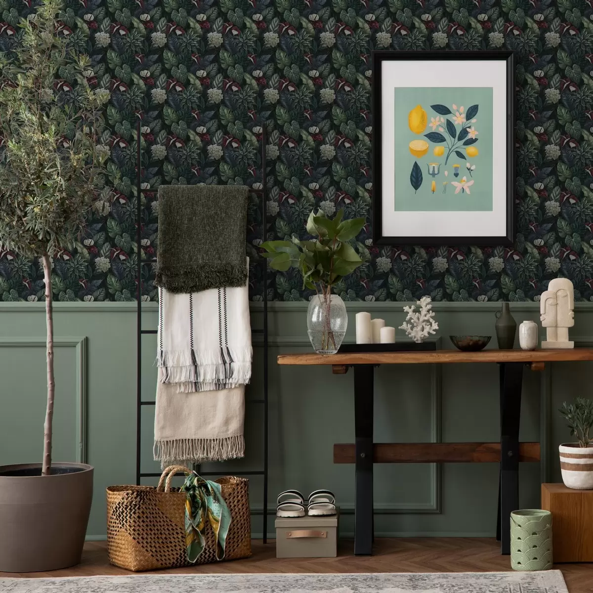 Papel de parede Folhas tropicais com flores brancas e vermelhas a00361