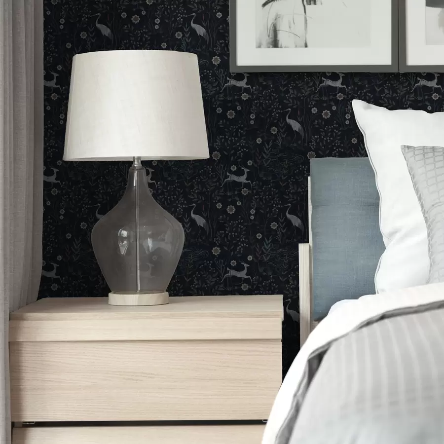 murais de parede Fundo escuro com pássaros e veados brancos a00363