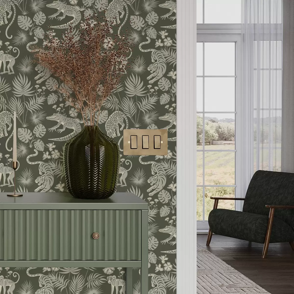 Papel de parede Silhuetas de animais selvagens em meio a folhas tropicais a00404