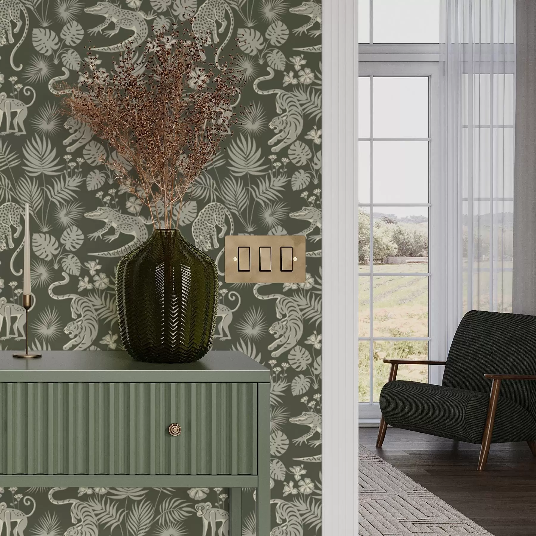 murais de parede Silhuetas de animais selvagens em meio a folhas tropicais a00404