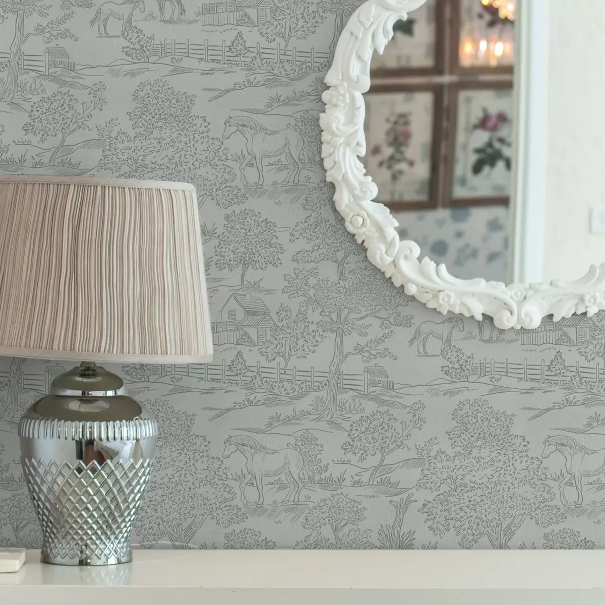 Papel de parede Paisagem verde monocromática com cavalos e casas de campo a00407