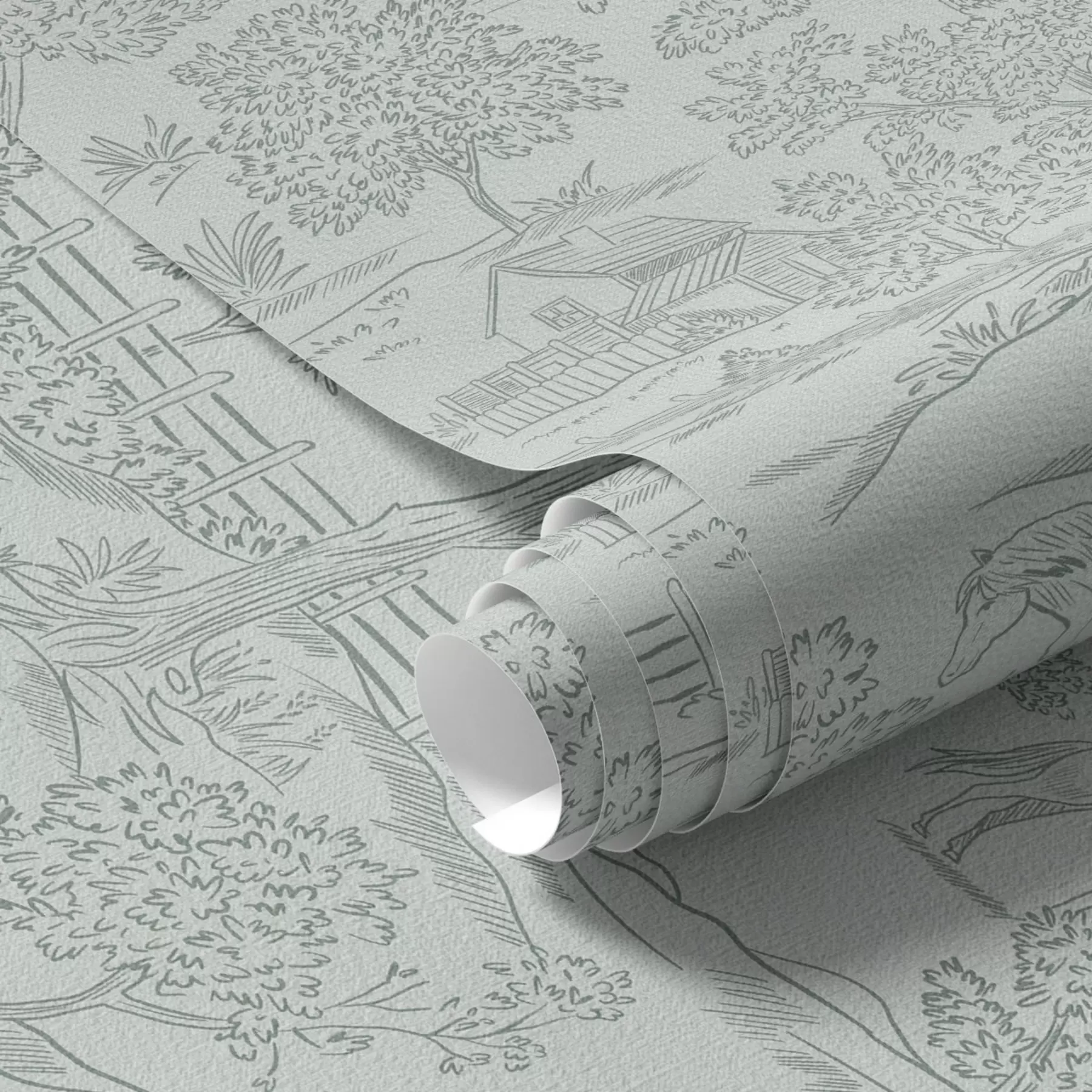 murais de parede Paisagem verde monocromática com cavalos e casas de campo a00407