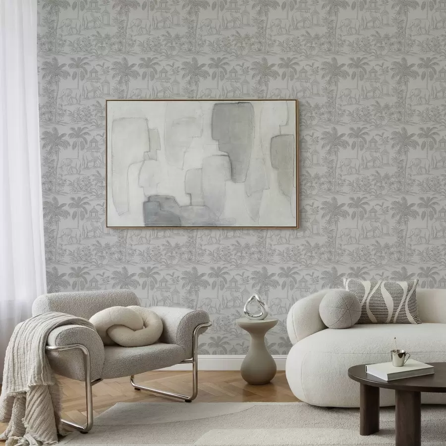 murais de parede Elefantes monocromáticos e selva em estilo gráfico a00410