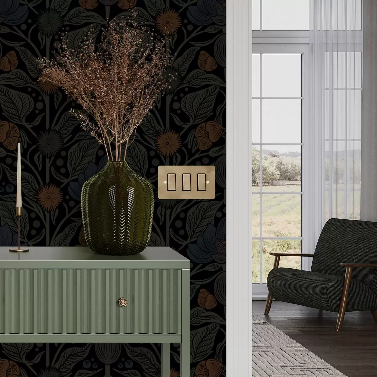 Papel de parede Ornamento floral escuro com detalhes em laranja a00411