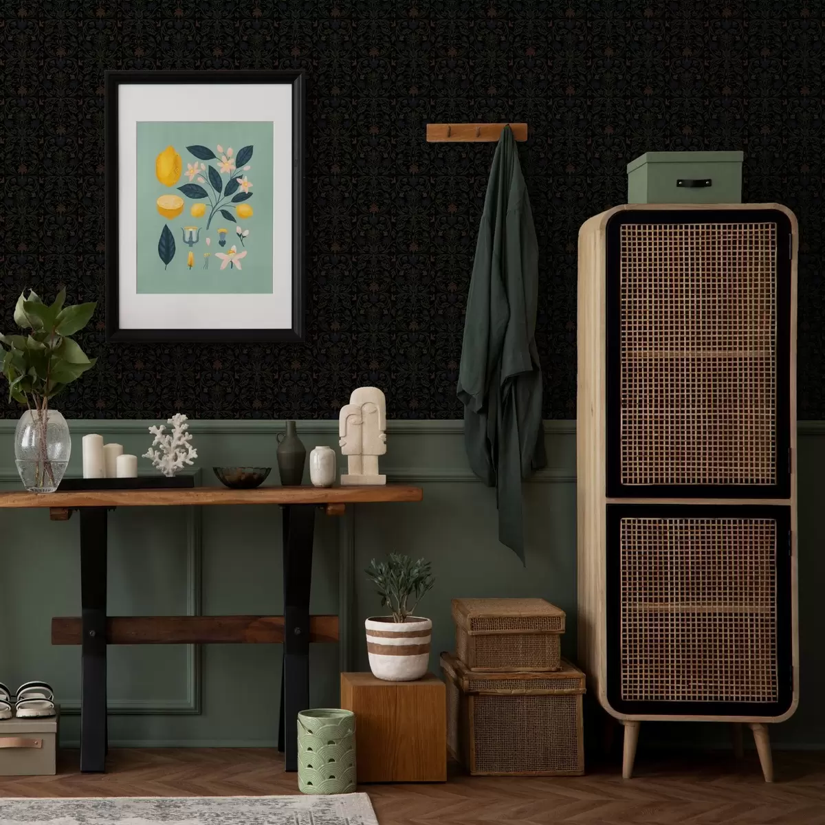 Papel de parede Ornamento escuro com plantas em estilo clássico a00412