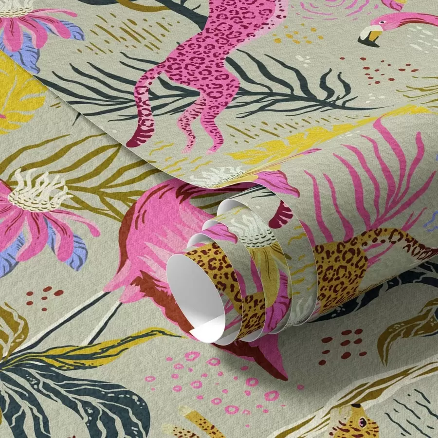 murais de parede Flamingos e leopardos brilhantes entre plantas tropicais a00470