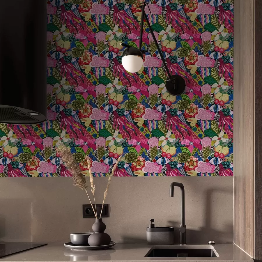 murais de parede Pop-art abstrato com flores, bagas e padrões a00471