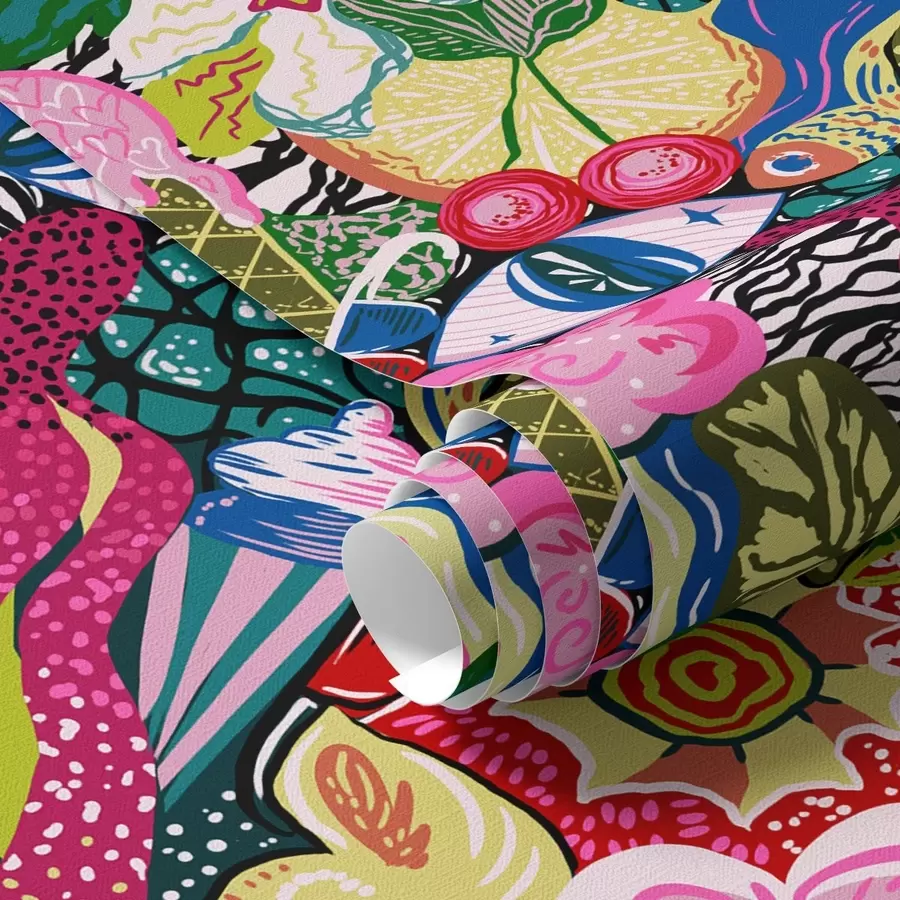 murais de parede Pop-art abstrato com flores, bagas e padrões a00471