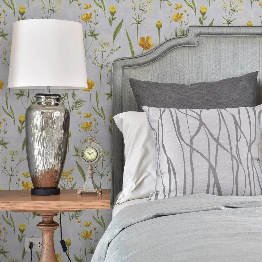 murais de parede Flores amarelas e folhagens em um fundo cinza claro a00472