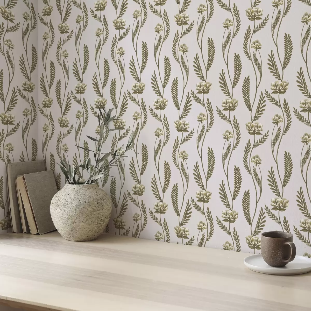 Papel de parede Ornamento vertical com flores brancas em um fundo rosa a00476